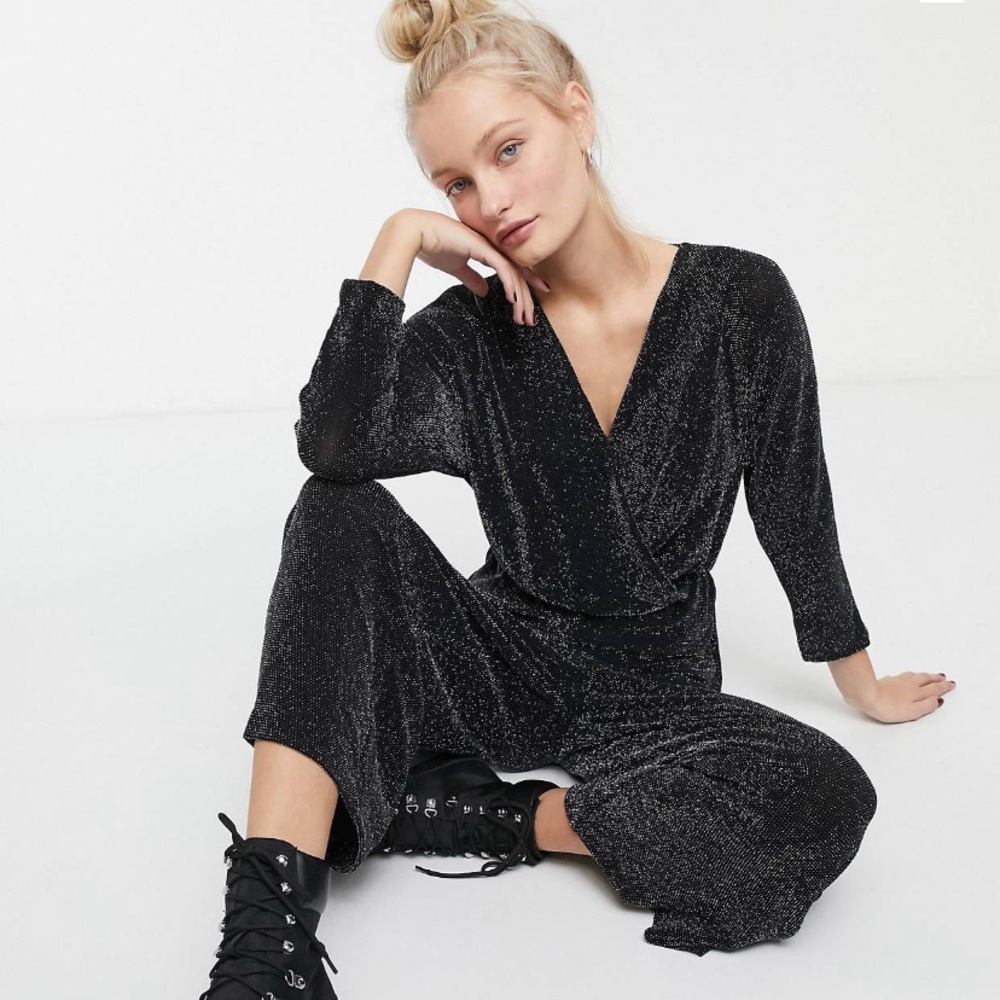 ASOS Monki wrap wide leg jumpsuit in black glitter
